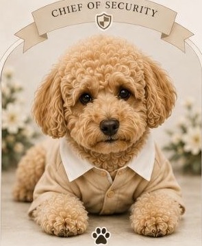 Kylo, a cream toy poodle in a little collared shirt, beneath a ribbon reading Chief of Security